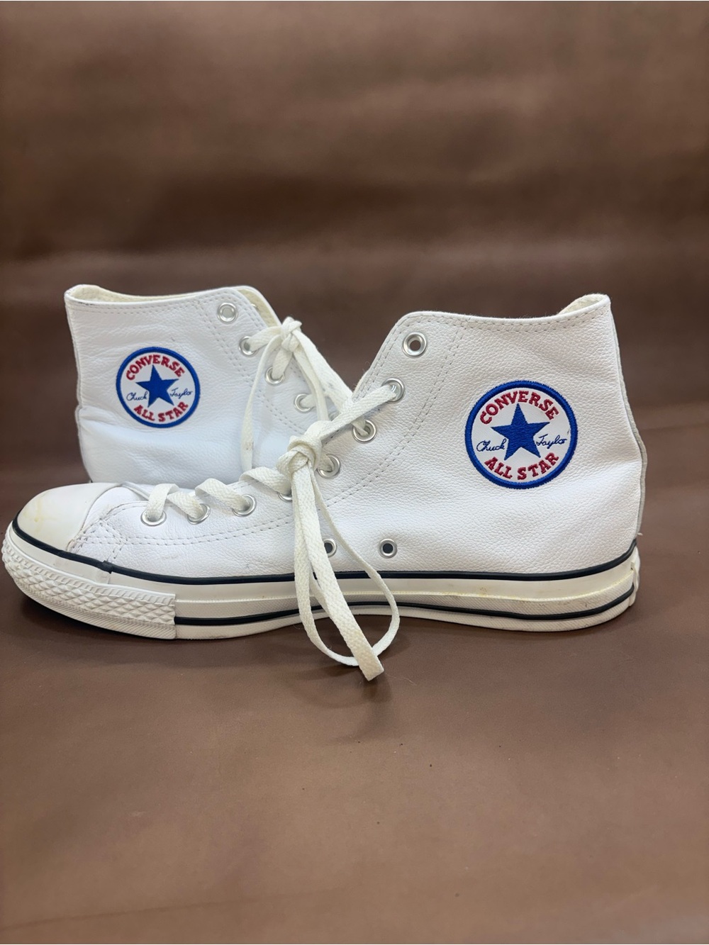 Converse White Leather High Top Sneakers with Blue & Red Stitched Logo